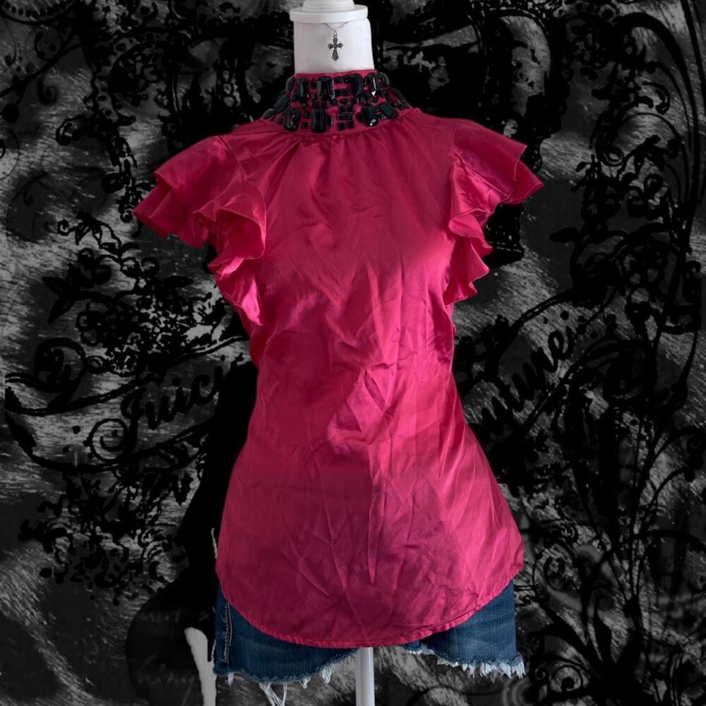 ultra glam y2k retro bejeweled black gems hot pink sleek sleeveless top